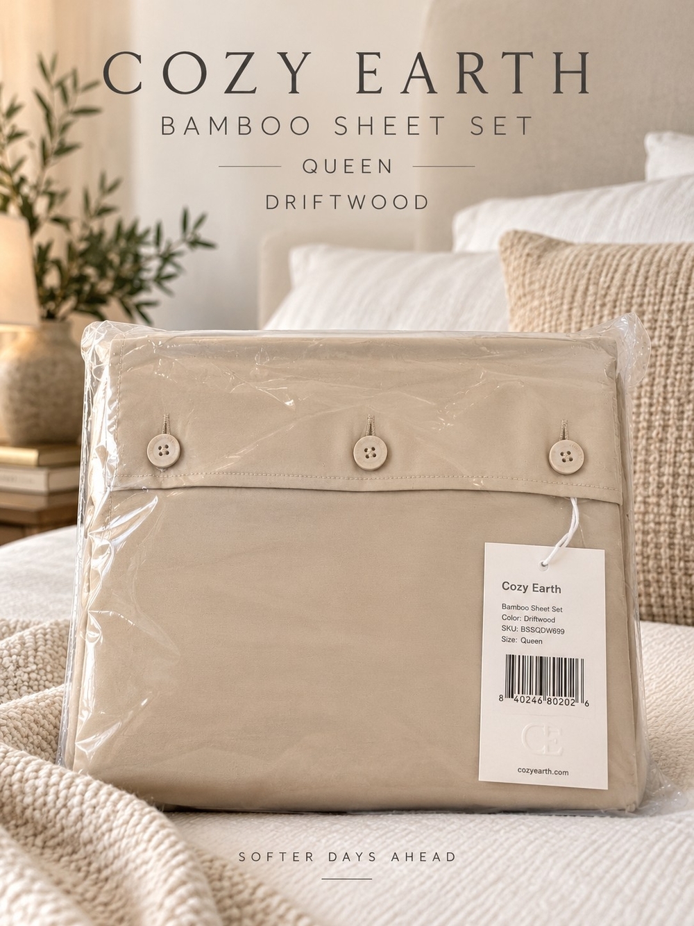 Cozy Earth Bamboo Sheet Set Queen Driftwood Luxury Bedding NWT